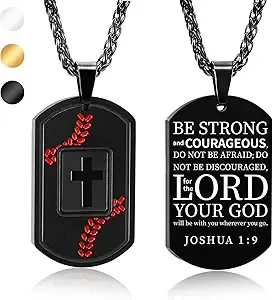 Fervia Baseball Bible Verse Cross Necklace for Men Stainless Steel Black Religious Gift Baseball Sports Jewelry Graduation Easter Gifts for Kids Boys Men(Joshua 1:9)
