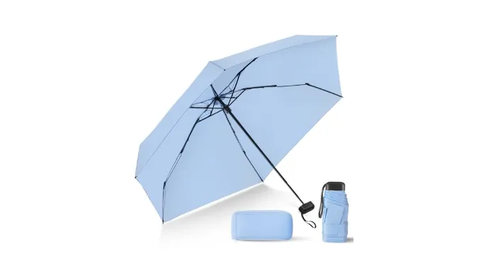 LEAGERA Compact Travel Umbrella with Case – Mini Umbrella for Purse, Small Lightweight &Tiny Design Perfect for Parasol Outdoor Sun&Rain Umbrellas, Light Blue