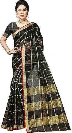 Sidhidata Textile Women's Kota Doria Cotton Saree with Blouse Piece (V Black)