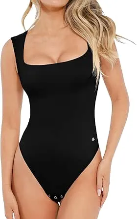 Popilush Body Suits for Womens – Going Out Cute Tops – Black Sleeveless Square Neck Shapewear Bodysuits Tummy Control Concert Outfits
