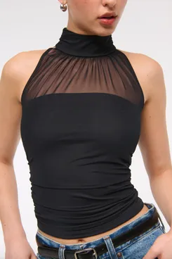 Abercrombie & Fitch Ruched Mesh Halter Top