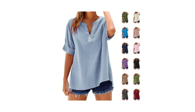 biqikav Womens Cotton Linen Blouses Casual Button V Neck Shirts Oversized Solid Tunic Tops 2025 Fashion Tshirts Summer Tees Blue