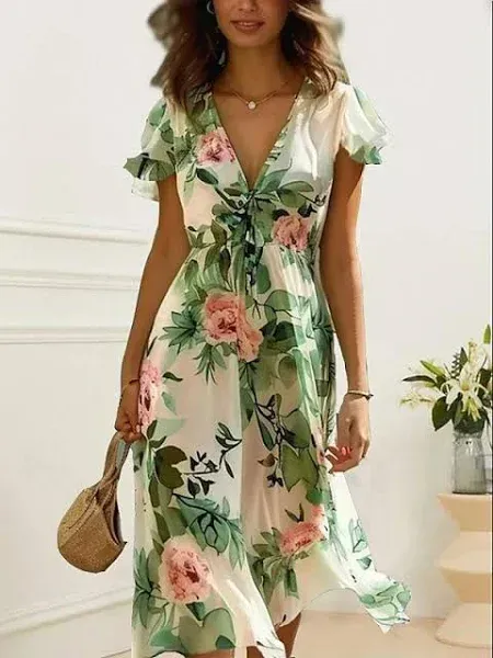 Women's Midi Dress Floral V-Neck A-Line Flutter Sleeve Rose Pattern Lightweight Summer Garden Party Wedding Guest Brunch Flowy Feminine White Pink Gre