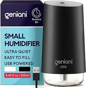 GENIANI Portable Small Cool Mist Humidifiers – Desktop Humidifier for Plants, Office, Car, Baby Room with Auto Shut Off & Night Light (White, 0.25L, USB)