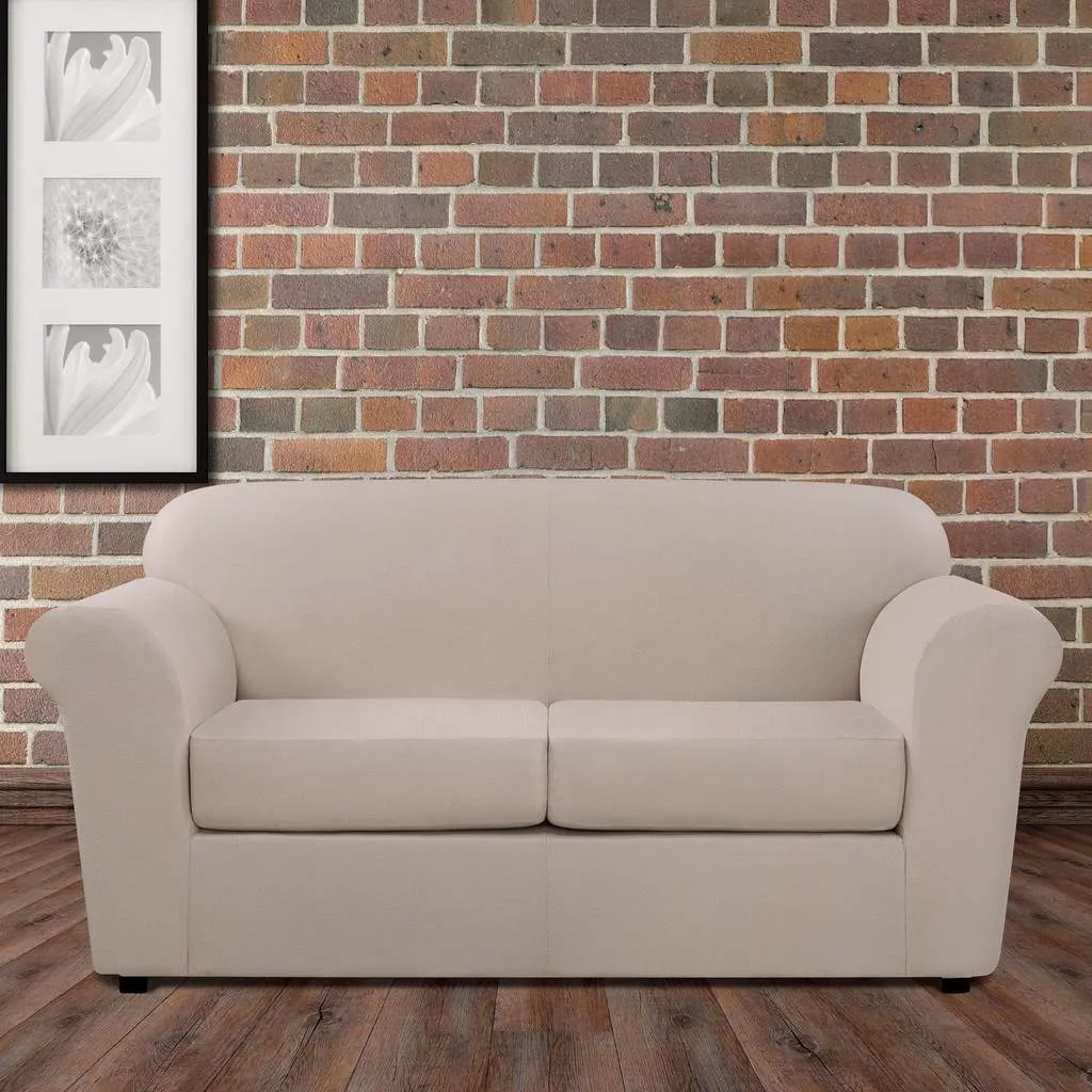 SureFit Ultimate Stretch Leather Three Piece Loveseat Slipcover   Machine Washable - Outlet in Pebbled Ivory