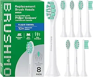 Brushmo Plaque Control Replacement Toothbrush Heads, Compatible with Philips Sonicare Click-on Electric Toothbrush Handles, 8 Standard Replacement Heads, Soft Dupont Bristles, BM928, White