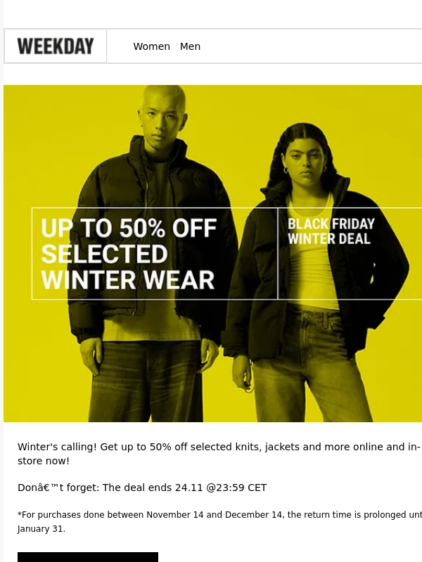 Weekday - Up to 50% off winter favorites