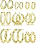 Yesteel - 9 Pairs Gold Hoop Earrings, 14K Real Gold Plated, Hypoallergenic, Thick, Lightweight, Women