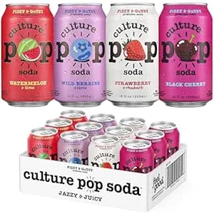Culture Pop Soda, Jazzy & Juicy Variety Pack, Probiotic Low Sugar Soda, Sparkling Juice Alternative, Non-GMO, Kosher, Gluten-Free, No Stevia (12pk)