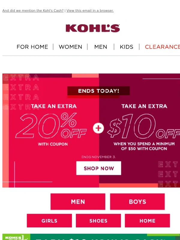 Kohls - ? STARTING NOW: Save 20% + an extra $10 off your $50 purchase!