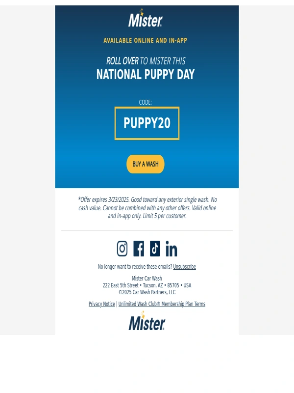 Mister Car Wash - Celebrate National Puppy Day: Fetch 20% Off Car Washes! ?