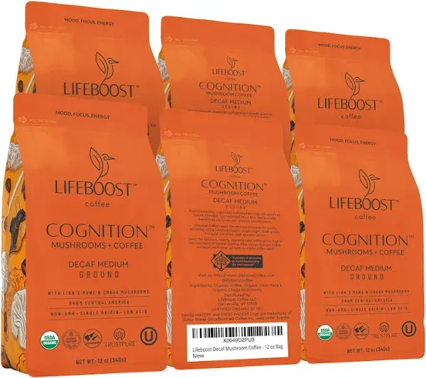 Lifeboost Cognition Adaptogenic Decaf Mushroom Coffee Low Acid Decaf Medium Organic Coffee with Nootropic Lions Mane & Chaga M
