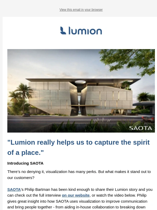 Lumion - SAOTA's Lumion story,lessons from Copenhagen and more