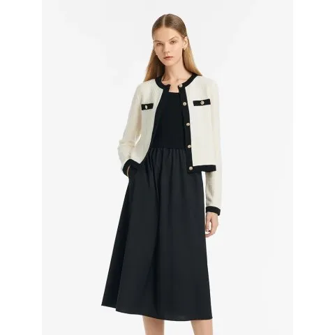 Contrast Trim Cardigan And Vest Dress Two-Piece Set