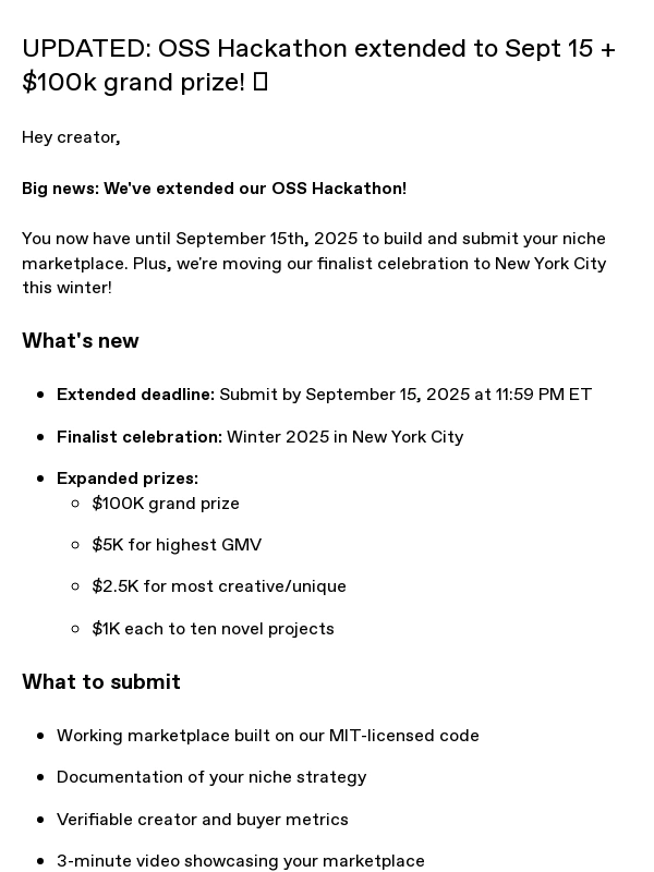Gumroad - UPDATED: OSS Hackathon extended to Sept 15 + $100k grand prize! ?