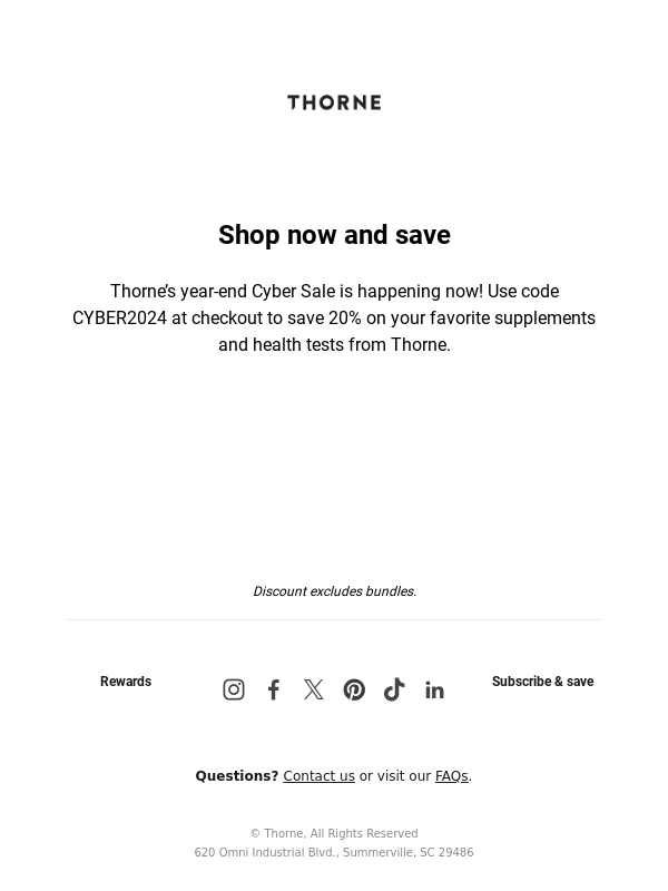 Thorne Research - Save 20% during Thorne's Cyber Sale