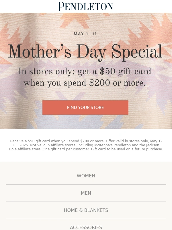 Pendleton - $50 gift card when you spend $200 or more