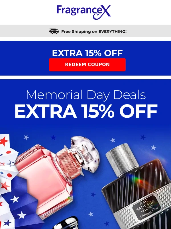 FragranceX - Memorial Day Sale: Extra 15% Off + Free Shipping
