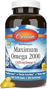 Carlson - Maximum Omega 2000, 2000 mg Omega-3 Fatty Acids Including EPA and DHA, Wild-Caught, Norwegian Fish Oil Supplement, Sustainably Sourced Fish Oil Capsules, Lemon, 180 Softgels