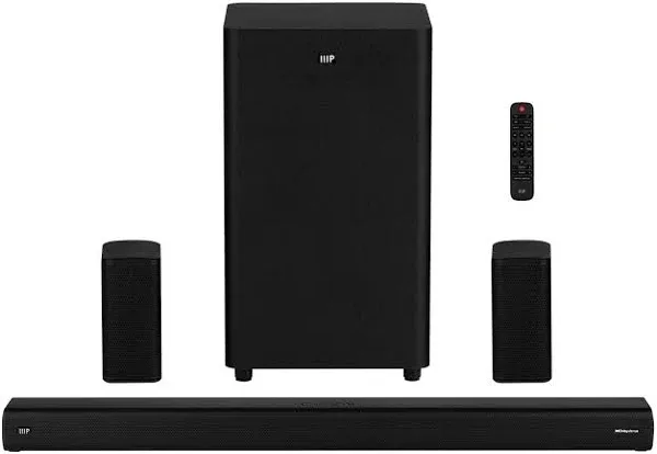 Monoprice SB-600 Dolby Atmos 5.1.2 Soundbar with Wireless Subwoofer and Wireless Surround Speakers, 2 HDMI Inputs, 4K HDR/DV Pass-Through, eARC, Bluet