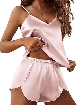 Ekouaer Satin Pajama Sets for Women 2 Piece Silky Cami Pj Set Soft Nightwear Lingerie Sleepwear Set Light Pink X-Large