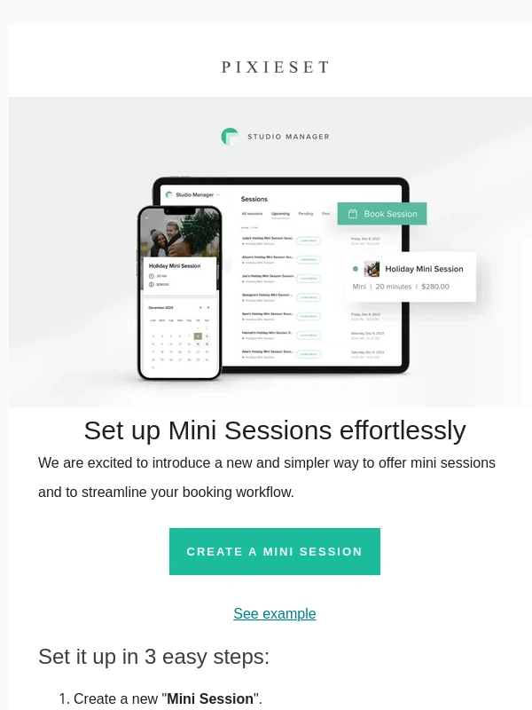 Pixieset - ? New! Mini session creator for Studio Manager