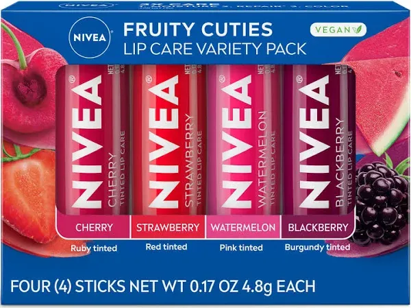 NIVEA Lip Care, Fruity Tinted Lip Balm Variety Pack, Cherry, Strawberry, Blackberry and Watermelon Flavors, 3-in-1 Moisture, Repair and Color, 0.17 Oz Stick, Pack of 4