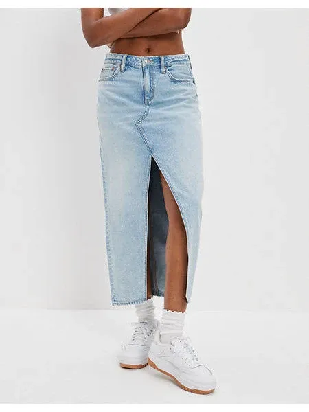 Ae Dreamy Drape Low-Rise Denim Maxi Skirt