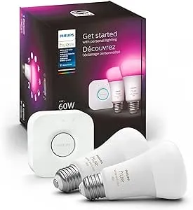 Philips - Hue Smart Light Starter Kit, (1) Bridge, (2) 60W A19 LED Bulb, 800LM, Color-Changing, White and Color Ambiance