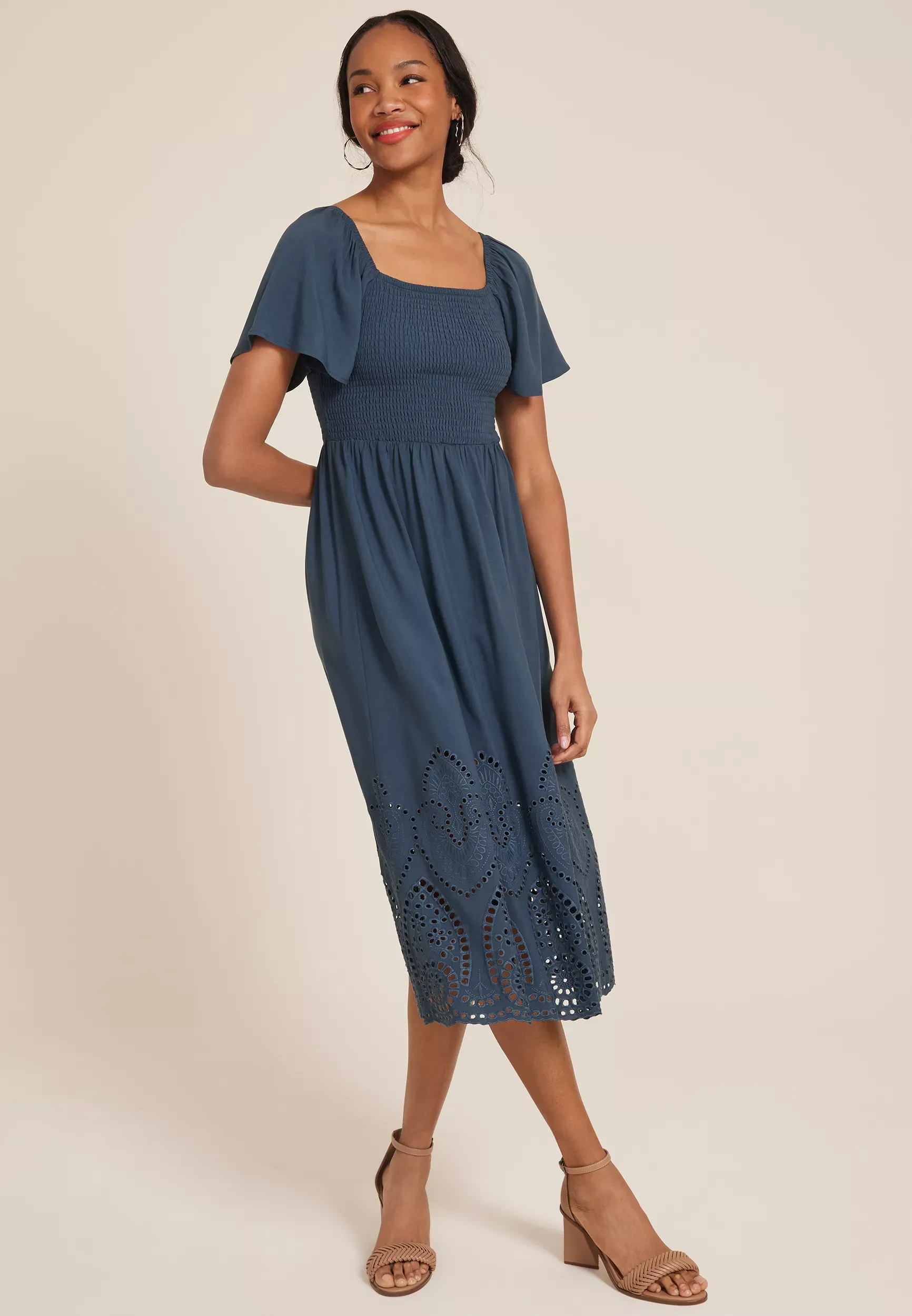 Maurices Women's Smocked Eyelet Midi Dress Blue  - X Large