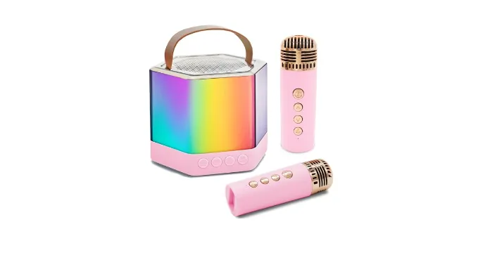 AIDELF Mini Karaoke Machine for Kids – Portable Bluetooth Karaoke Speaker with 2 Wireless Microphones and Party Lights Toy Ages 3-12+,Birthday Gifts for Girls Boys Family Home Party