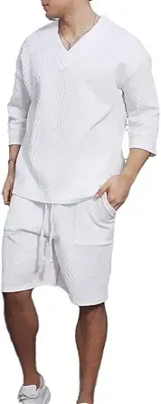 sikoreliar 2-Piece Men's Summer Short Sleeve Knitted Shirt and Shorts Set