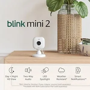 Blink Mini 2 (newest model), Plug-in smart security camera, HD night view in color, built-in spotlight, two-way audio, motion detection, Works with Alexa — 2 Cameras (White)
