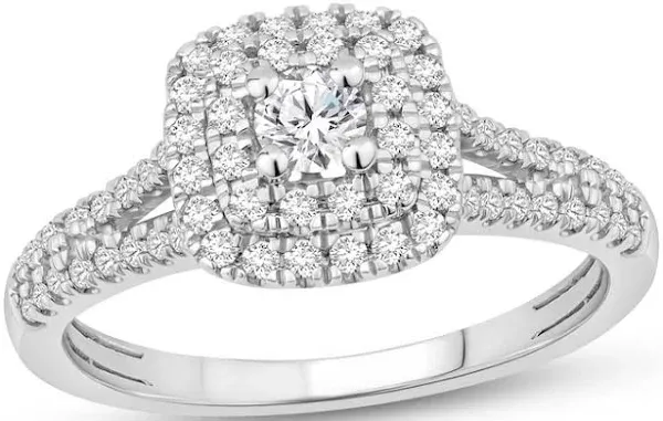 1/2 Ct tw Round-Cut Diamond Double Cushion Halo Engagement Ring in 10K White Gold