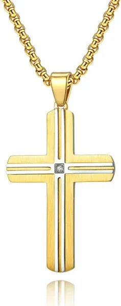 PalmBeach Jewelry Men's 14k Gold-Plated Round Cubic Zirconia Cross Pendant Necklace
