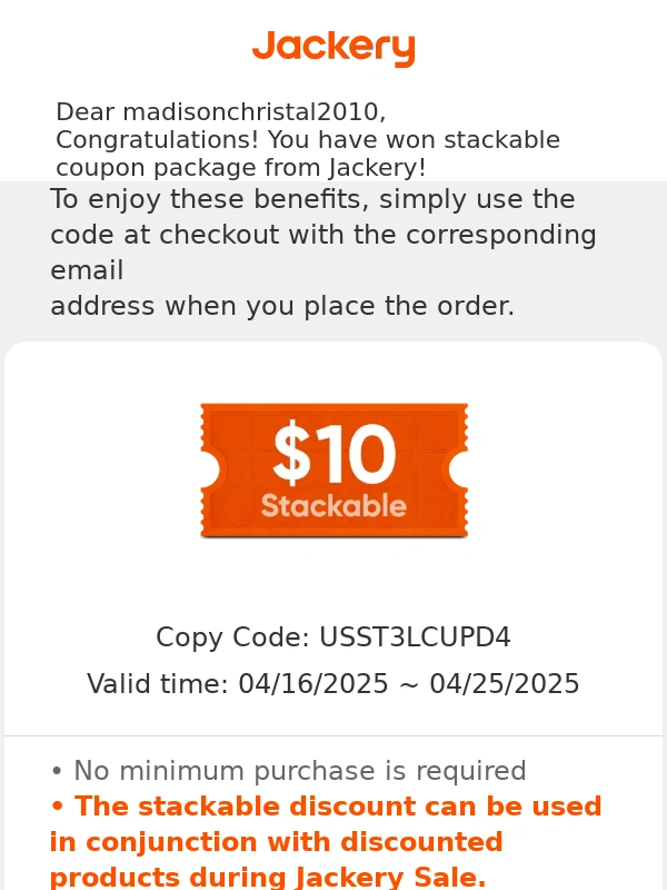 Jackery - Congratulations! You've got stackable coupon package from Jackery!