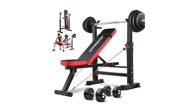 OPPSDECOR 600lbs 6 in 1 Weight Bench Set with Squat Rack Foldable Bench Press with Removable Foot Catch Adjustable Workout Bench for Home Gym