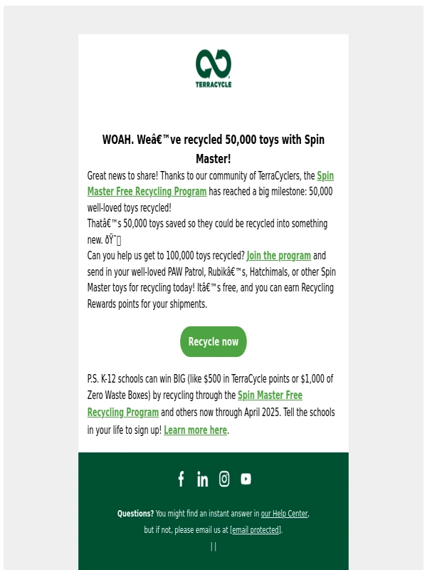 TerraCycle - ?Milestone alert!? We’ve recycled 50,000 toys with Spin Master! Help us get to 100k!