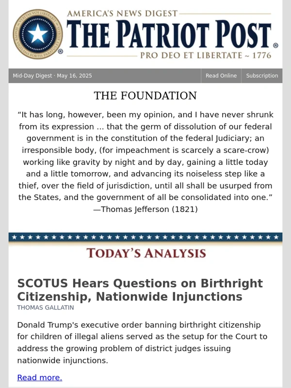 Washington Examiner - Mid-Day Digest for Friday,May 16,2025