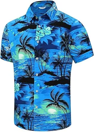 SheLucki Hawaiian Shirt for Men, Unisex Summer Beach Casual Short Sleeve Button Down Shirts, Printed Palmshadow Clothing Palm Tree Blue S