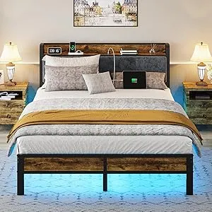 Queen Bed Frame with Headboard, Metal Platform Bed with Smart LED Lights and USB Charging Station, Easy Assembly, No Box Spring Needed