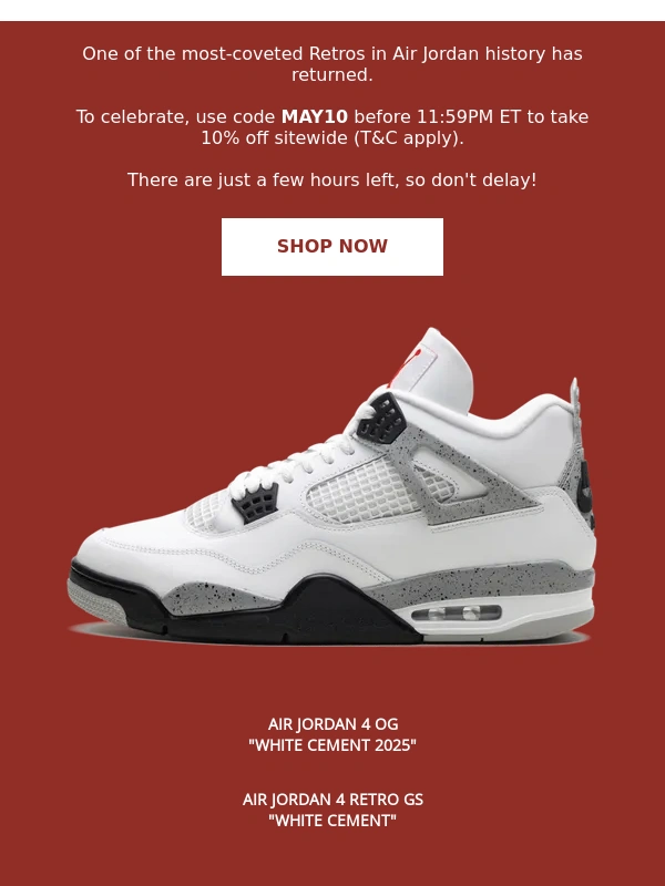 Stadium Goods - Last Chance: 10% Off "White Cement" 4s (and more)