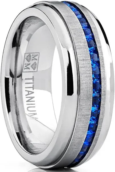 Men's Titanium Princess Cut Blue Sapphire Eternity Wedding Band