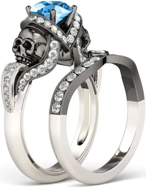 Jeulia Two Tone Round Cut Sterling Silver Aquamarine Skull Engagement Ring