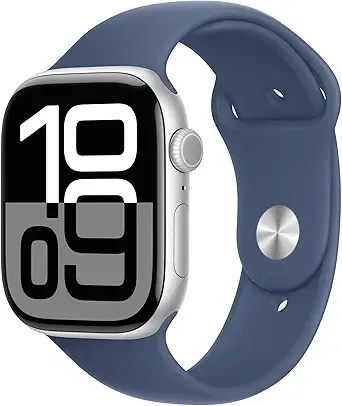 Apple Watch Series 10 [GPS 46mm case] Smartwatch with Silver Aluminium Case with Denim Sport Band - M/L. Fitness Tracker, ECG App, Always-On Retina Display, Water Resistant