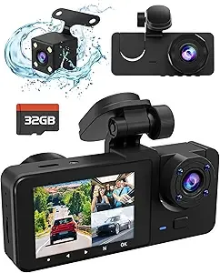 3 Channel Dash Cam,4K+1080P Dash Cam Front and Rear Inside, Dash Camera for Cars, Triple Car Camera with 32GB Card,Built-in G-Sensor, 2 IPS Display Car Camera,Loop Recording,24Hr Parking