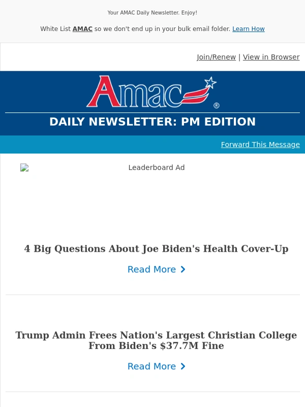 AMAC - 4 Big Questions About Joe Biden's Health Cover-Up - Your AMAC Daily Newsletter: PM Edition