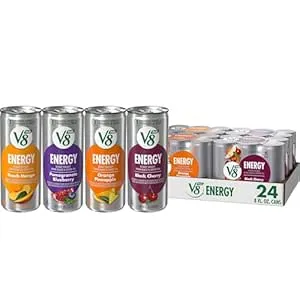 V8 +Energy Peach Mango, Orange Pineapple, Black Cherry and Pomegranate Blueberry Juice Energy Drinks, 8 fl oz Can (24 Pack)