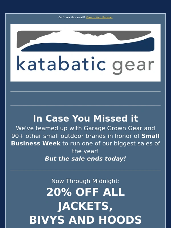 Katabatic Gear - ⏳ Last Chance: 20% Off for Small Business Week!
