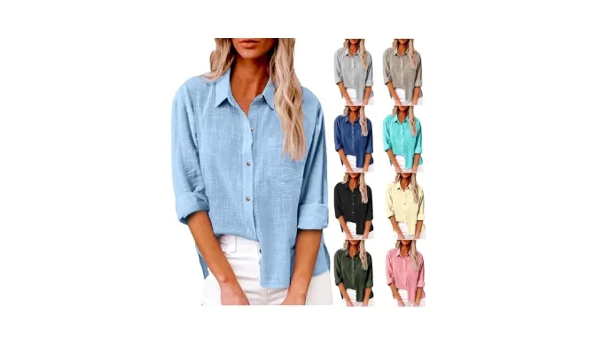 Linen Long Sleeve Shirt Women Casual Button Down Blouse Turn Down Collar Shirt Loose Fit Dressy Tops with Pockets